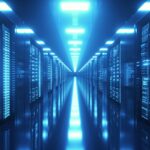 Data center with endless servers. Network and information servers behind glass panels